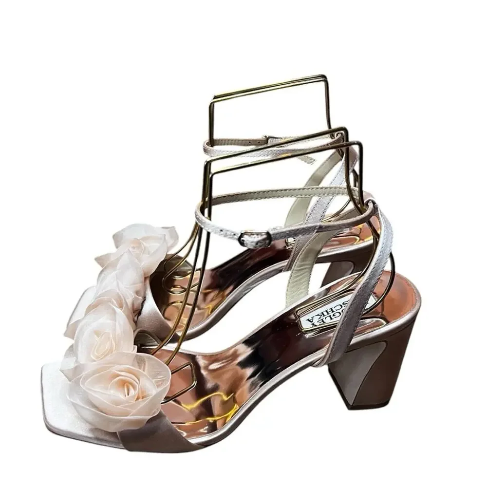 Badgley Mishka Carli Rosette Block Heels Rose  Detail Blush Nude NEW 8.5